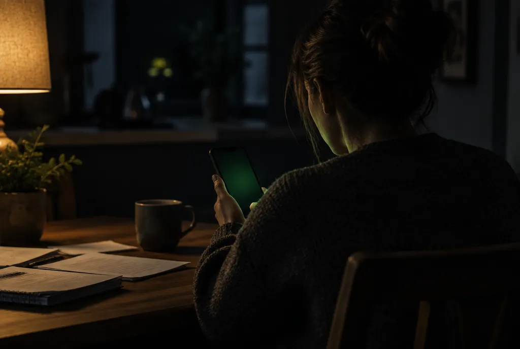 A business owner at a kitchen table in the evening, seen from behind, looking at a phone