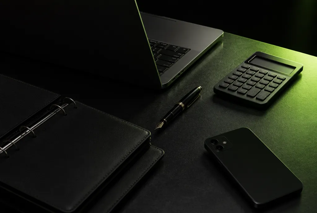 A desk with a closed laptop, fountain pen, calculator and phone, lit in green
