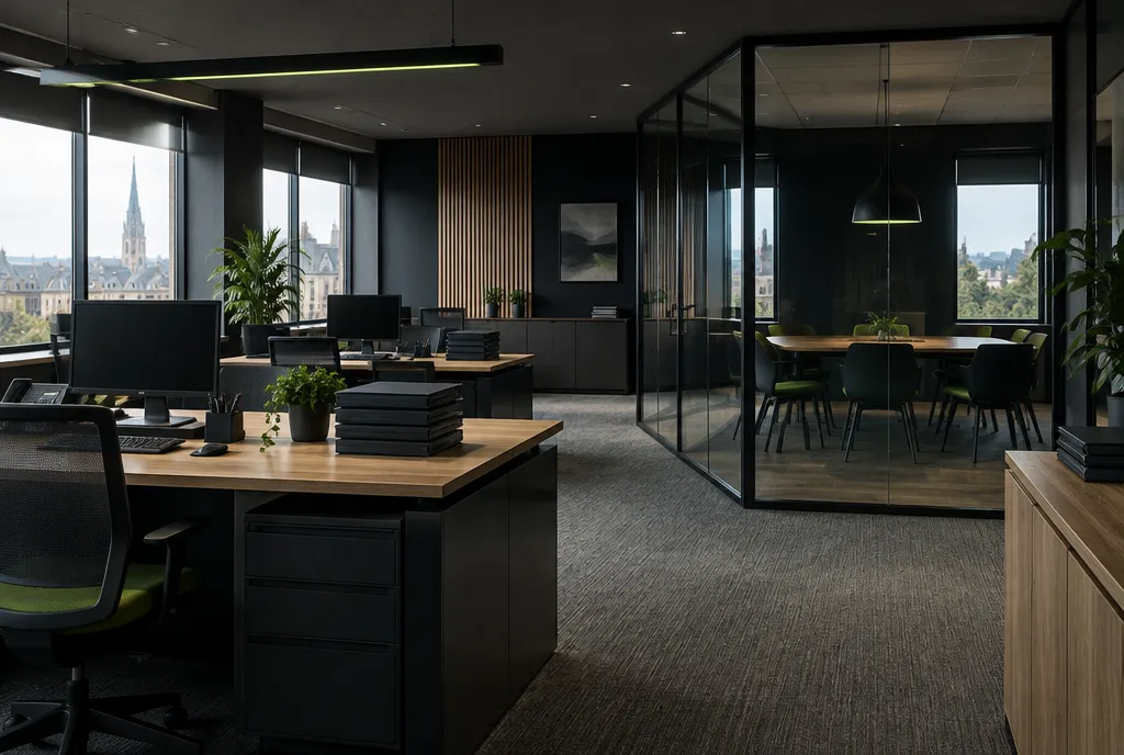 A modern accountancy practice office interior in dark tones with green accents