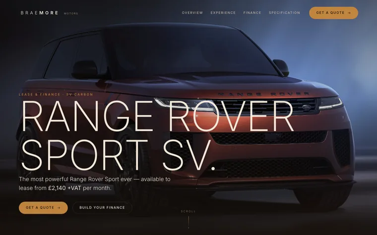The Braemore Motors demonstration site: a full-bleed Range Rover Sport SV fills the screen behind the headline &lsquo;Range Rover Sport SV&rsquo;, with a lease-from price and Get a quote and Build your finance buttons.