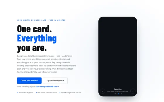 The Card1 website: the headline &lsquo;One card. Everything you are.&rsquo; beside a phone showing a digital business card.