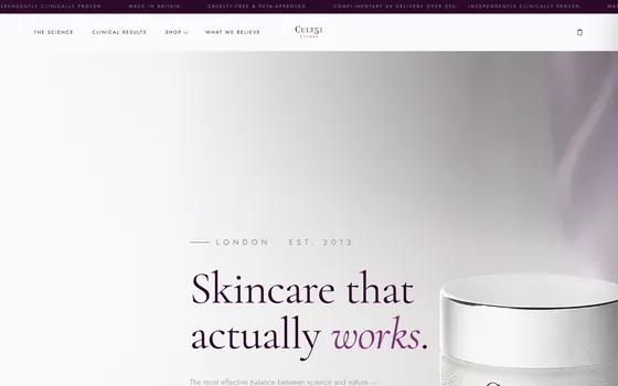 The CULT51 website home page, Clinically proven luxury skincare.