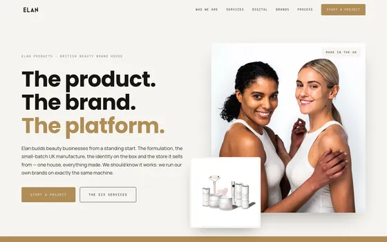 The Elan website home page, Beauty brand builders.