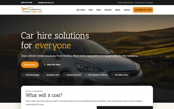The Hire Limited website home page, the headline &lsquo;Car hire solutions for everyone&rsquo; over a car on a moorland road, above a price calculator.