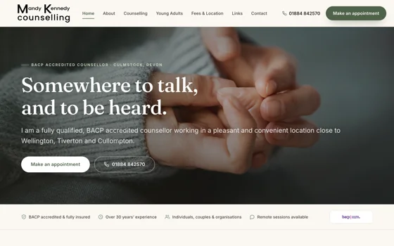 The Mandy Kennedy Counselling website home page, BACP accredited counsellor, Culmstock.