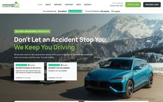 The Nationwide Accident Hire website home page, Accident replacement vehicle hire.