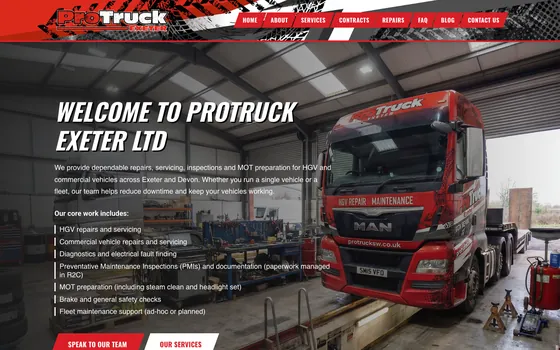 The ProTruck SW website home page, HGV & commercial vehicle repairs, Exeter.