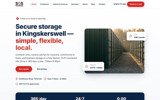 The SOS Storage website home page, Container & caravan storage, Kingskerswell TQ12.