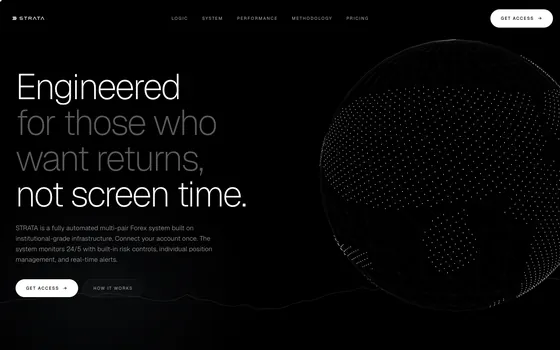 The STRATA website home page, the headline &lsquo;Engineered for those who want returns, not screen time&rsquo; beside a wireframe globe on a black background.