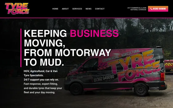 The TyreForce SW website home page, 24/7 commercial tyres, Exeter.