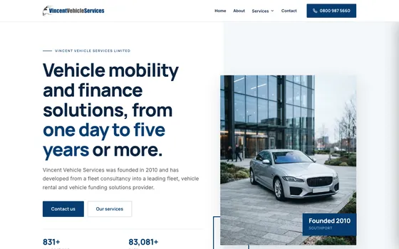 The Vincent Vehicle Services website home page, Vehicle services.