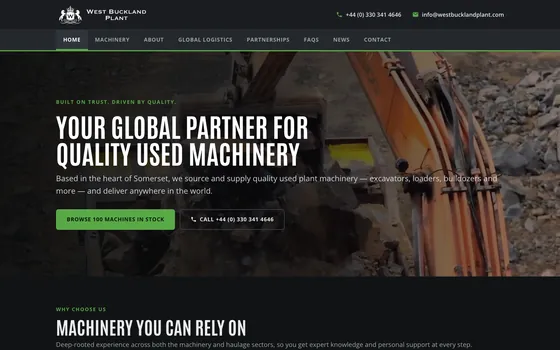 The West Buckland Plant website home page, the headline &lsquo;Your global partner for quality used machinery&rsquo; over an excavator working a quarry face.