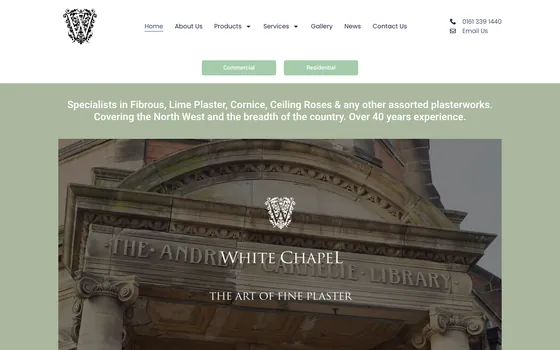 The White Chapel Art Plaster website home page, Plaster solutions, Manchester.