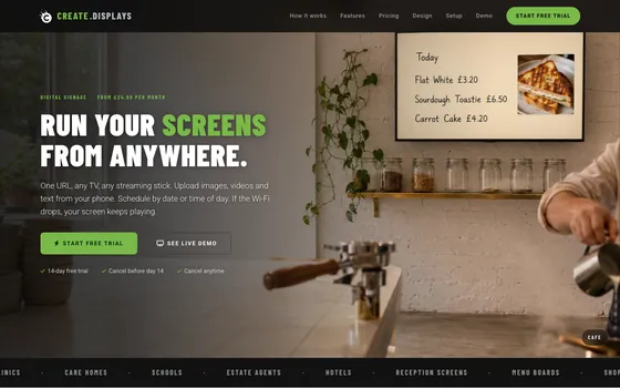 The CREATE Displays website: the headline &lsquo;Run your screens from anywhere&rsquo; beside a caf&eacute; menu board on a wall-mounted screen.