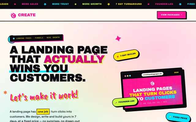 The CREATE Landing Pages website: the headline &lsquo;A landing page that actually wins you customers&rsquo; in bold type on a bright gradient, beside a browser mock-up.