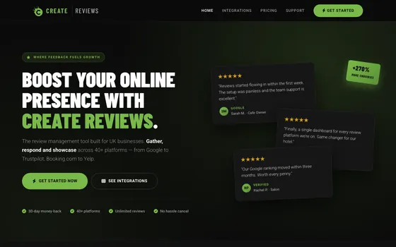 The CREATE Reviews website home page, the headline &lsquo;Boost your online presence with CREATE Reviews&rsquo; beside floating review cards on a dark green background.