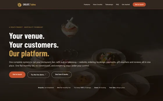 The CREATE Tables website: the headline &lsquo;Your venue. Your customers. Our platform.&rsquo; over restaurant food photography.
