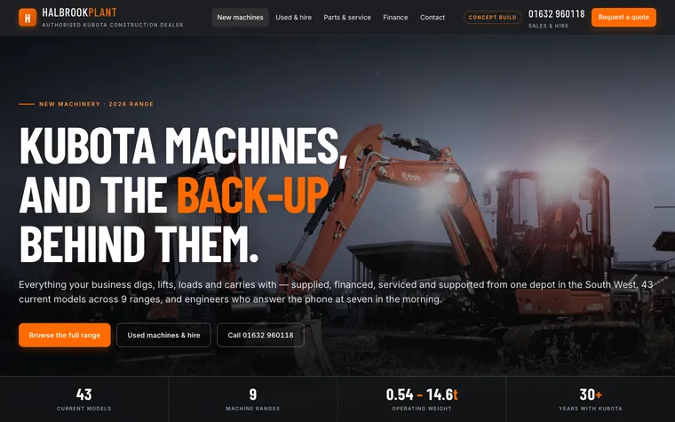 The Halbrook Plant concept build: a plant dealership home page with an excavator hero and a stats bar reading 43 current models, 9 machine ranges, 0.54 to 14.6 tonnes.
